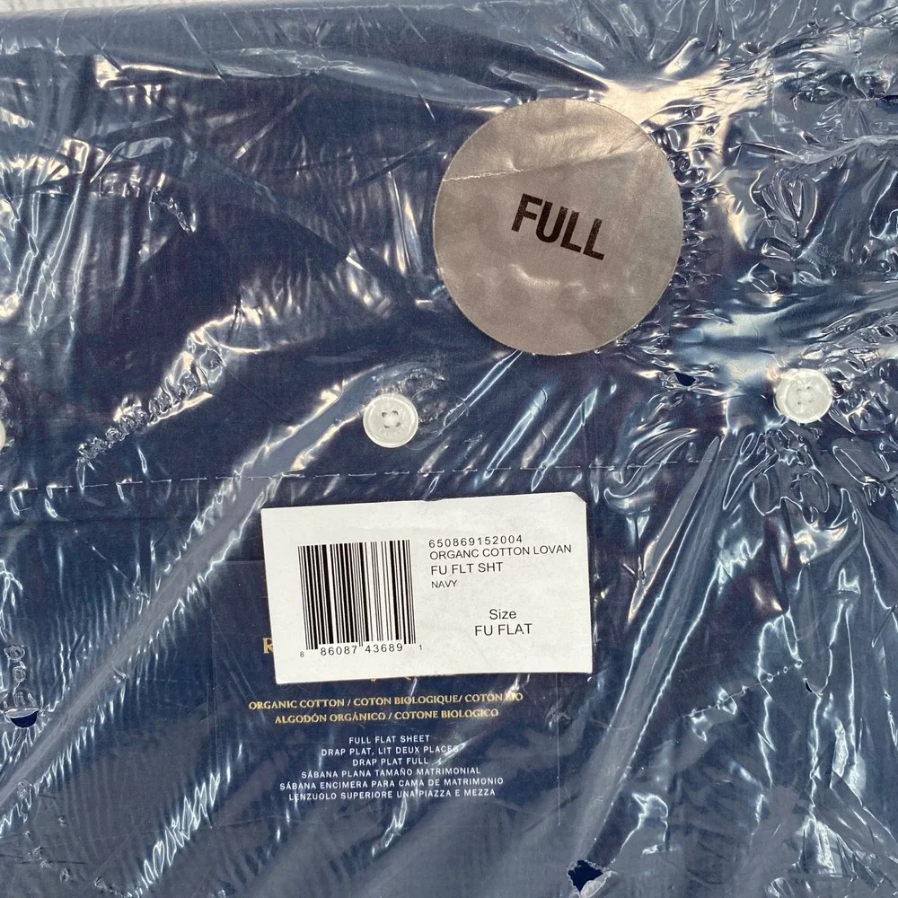 Ralph Lauren Lovan Jacquard Flat Sheet Full Navy Blue Organic Cotton Plaid